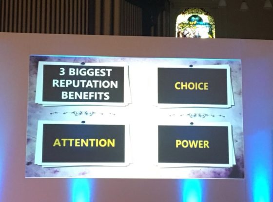 What does reputation buy you? Image shows 3 benefits of your reputation: choice, attention, power