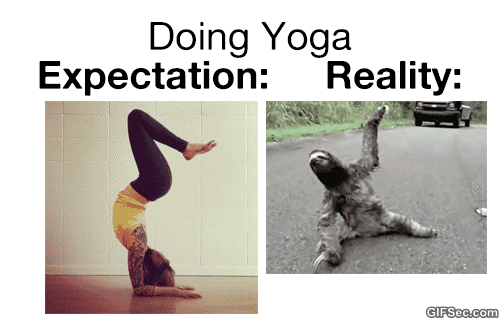 shows an experienced yoga pose versus a sloth
