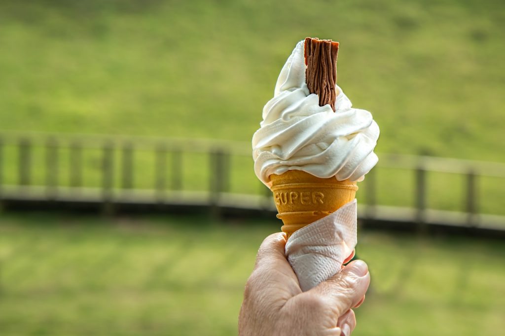 Image shows a vanilla ice cream with a flake, with green grass in the background
