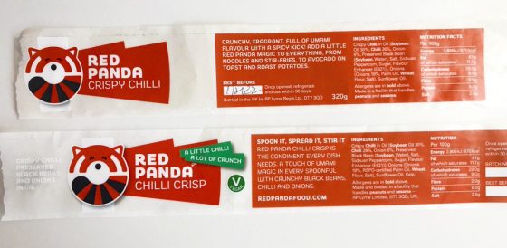 The smallest space, front and back. Image shows the front and back, old and new, labels for Red Panda