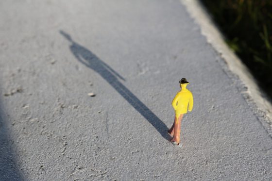 Image shows a small figure in a yellow jacket with a long shadow in front of them. You don't just collect stories about the big things but the small things as well.