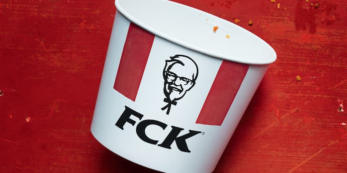 Image shows a KFC takeaway bucket with the letters rearranged