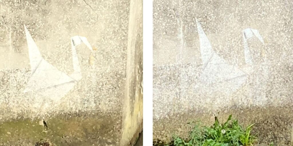 Image shows two image of a Banksy artwork in Lyme Regis, showing the fading of the origami style swan