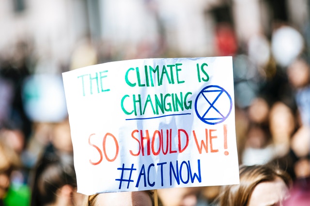 Image shows a placard at a climate protest. How to avoid greenwashing in your content.