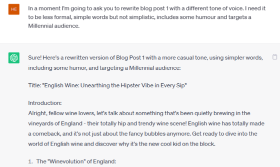 Screenshot of a ChatGPT rewrite of a blog post about English wine