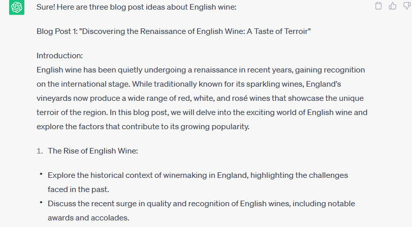 A screenshot of a blog post about English wine generated by ChatGPT