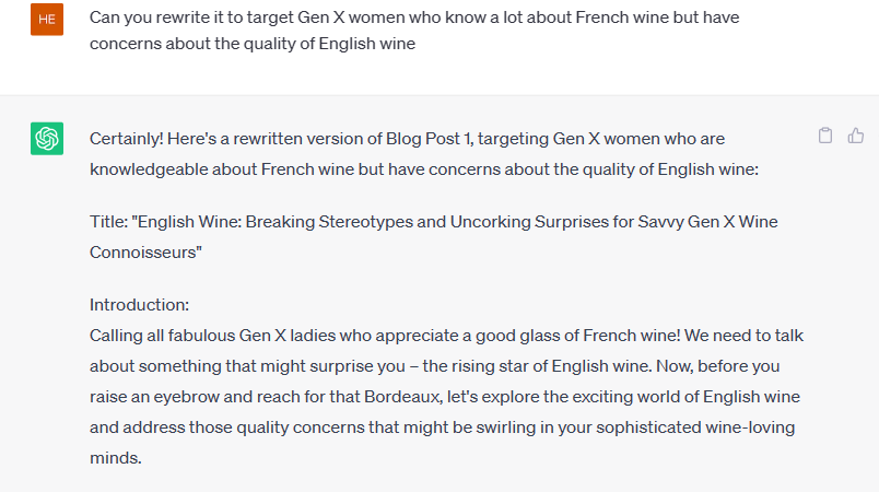 Screenshot of another ChatGPT rewrite asking it to target Gen X women who know about wine