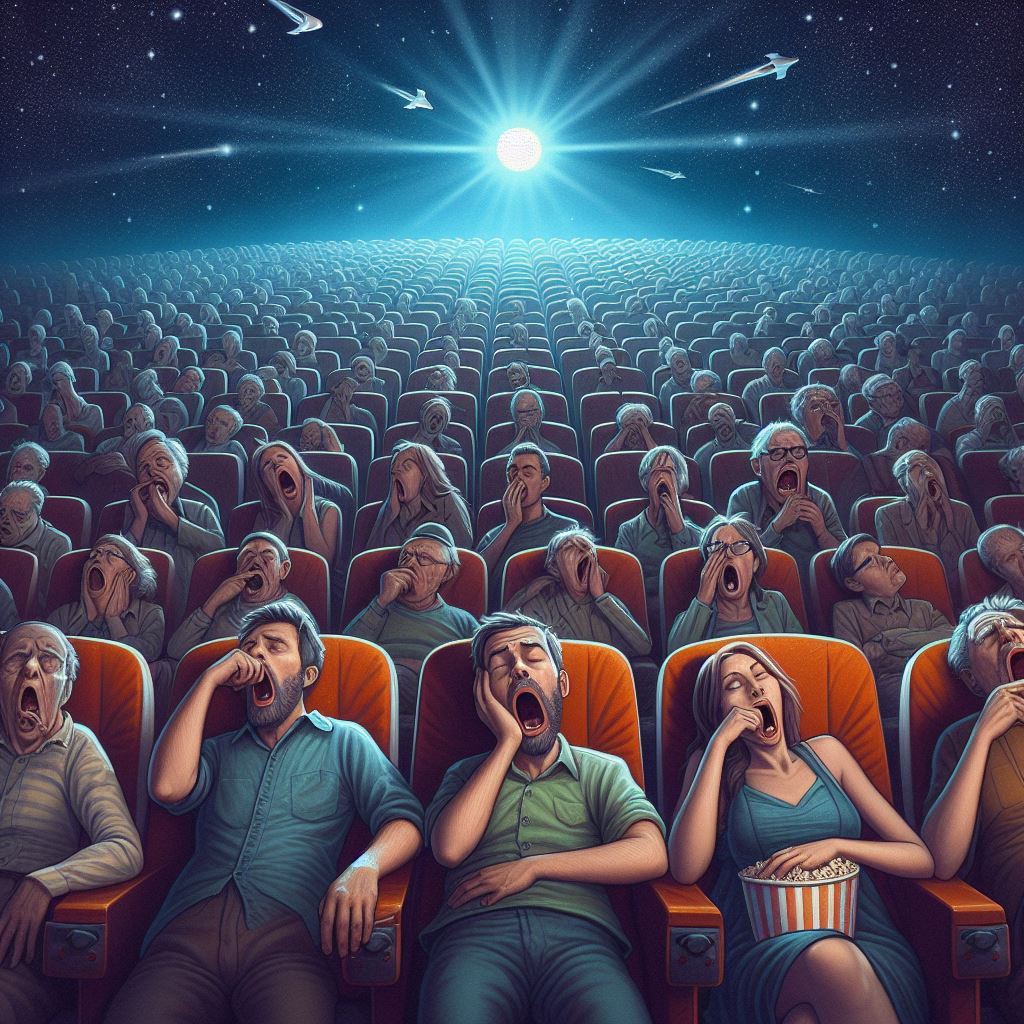 AI generated image of a bored looking audience in a cinema. Most of them are yawning or asleep, It's an illustration, the people are dressed in shades of blue and grey and the seats are orange.