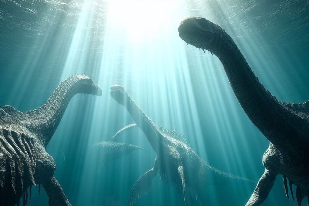 Created by AI. Image shows imaginary dinosaurs under the water with shafts of sunlight breaking through.