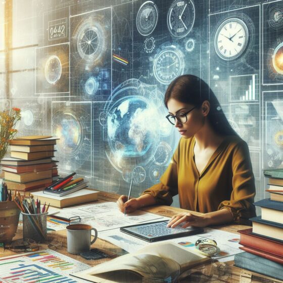 Created by AI. Image shows a woman in a mustard coloured shirt sat at a desk, writing a plan and working on a tablet. She's surrounded by documents and books, with illustrations of planets and star systems behind her.
