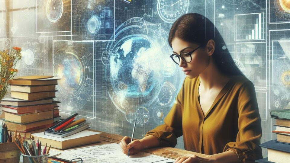Created by AI. Image shows a woman in a mustard coloured shirt sat at a desk, writing a strategy and working on a tablet. She's surrounded by documents and books, with illustrations of planets and star systems behind her.