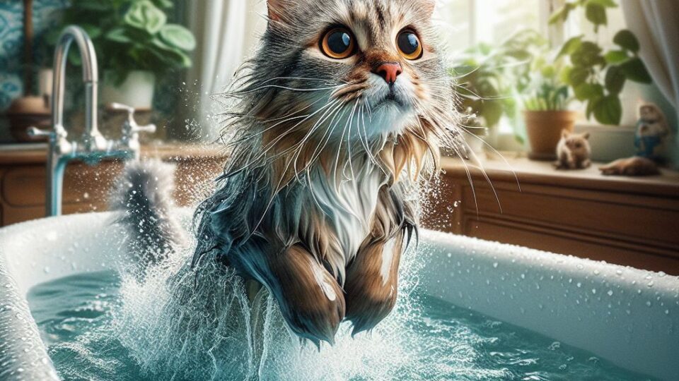 Shows a tabby cat leaping out of a bath full of water in a bathroom with lots of wood panelling. Light comes in from a window on the top right. There are a lot of green plants on the shelves.