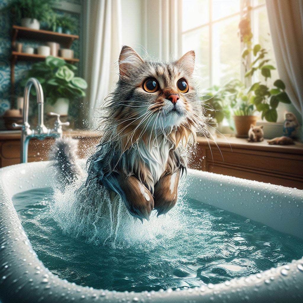 Shows a tabby cat leaping out of a bath full of water in a bathroom with lots of wood panelling. Light comes in from a window on the top right. There are a lot of green plants on the shelves.