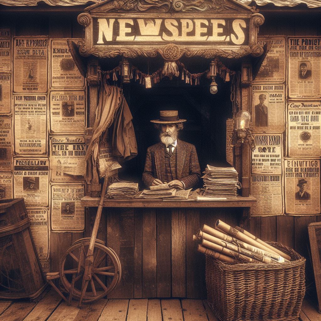 AI generated illustration of an old fashioned newspaper seller (probably late 19th century). The hut is surrounded by posters or pages from the newspapers. As it's AI, none of the text makes any sense.